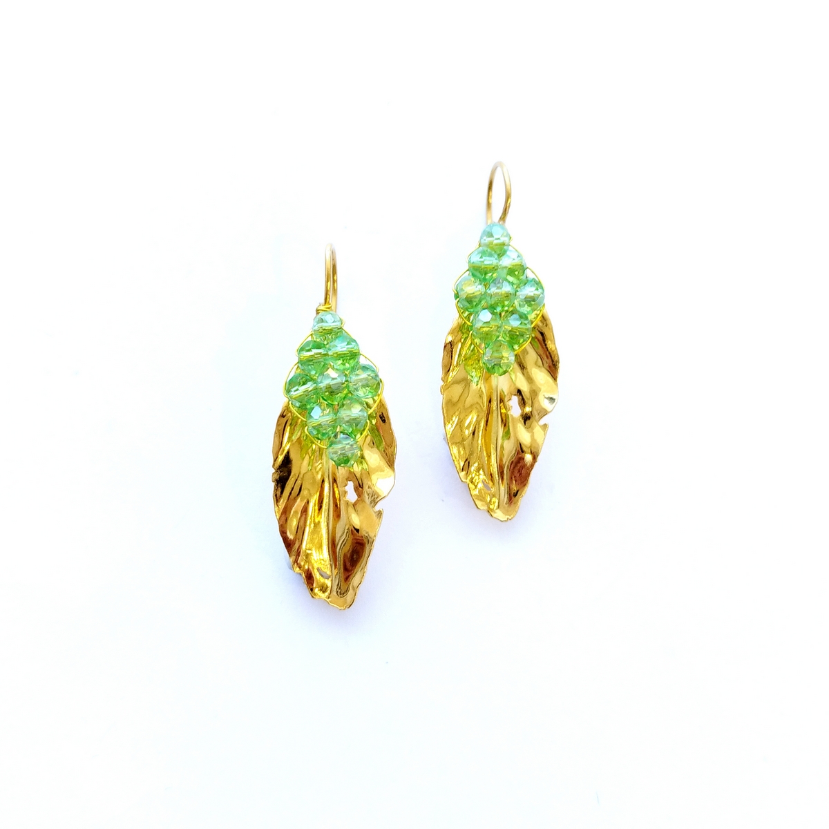 5703F Crystals and leaves earrings Catherine bijoux Πράσινο