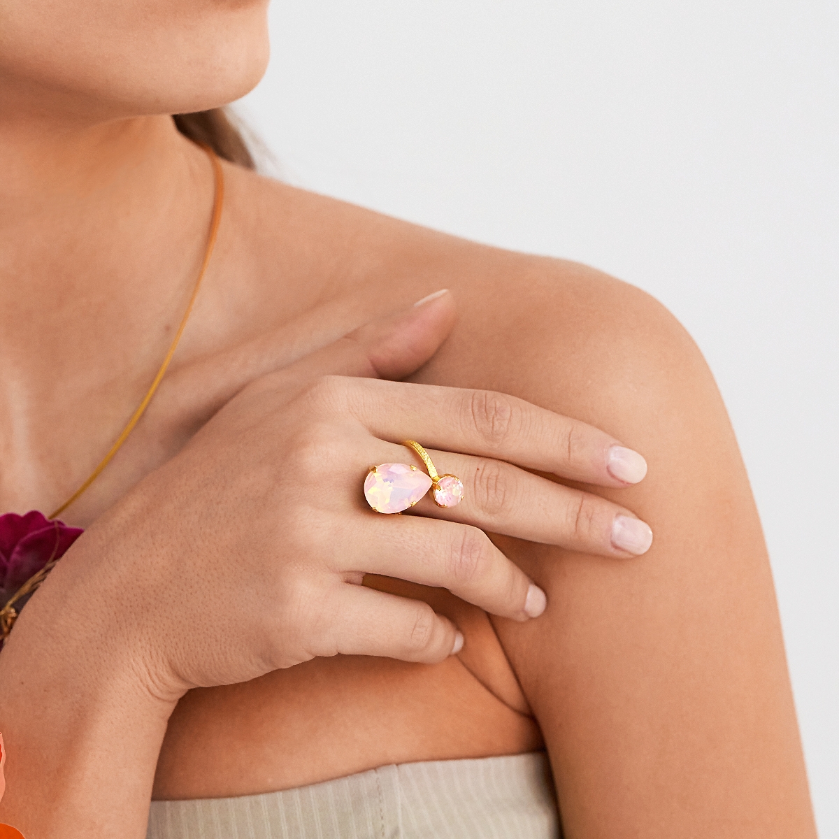 Alternative view of 5685D Aurora double crystal drop ring Πράσινο