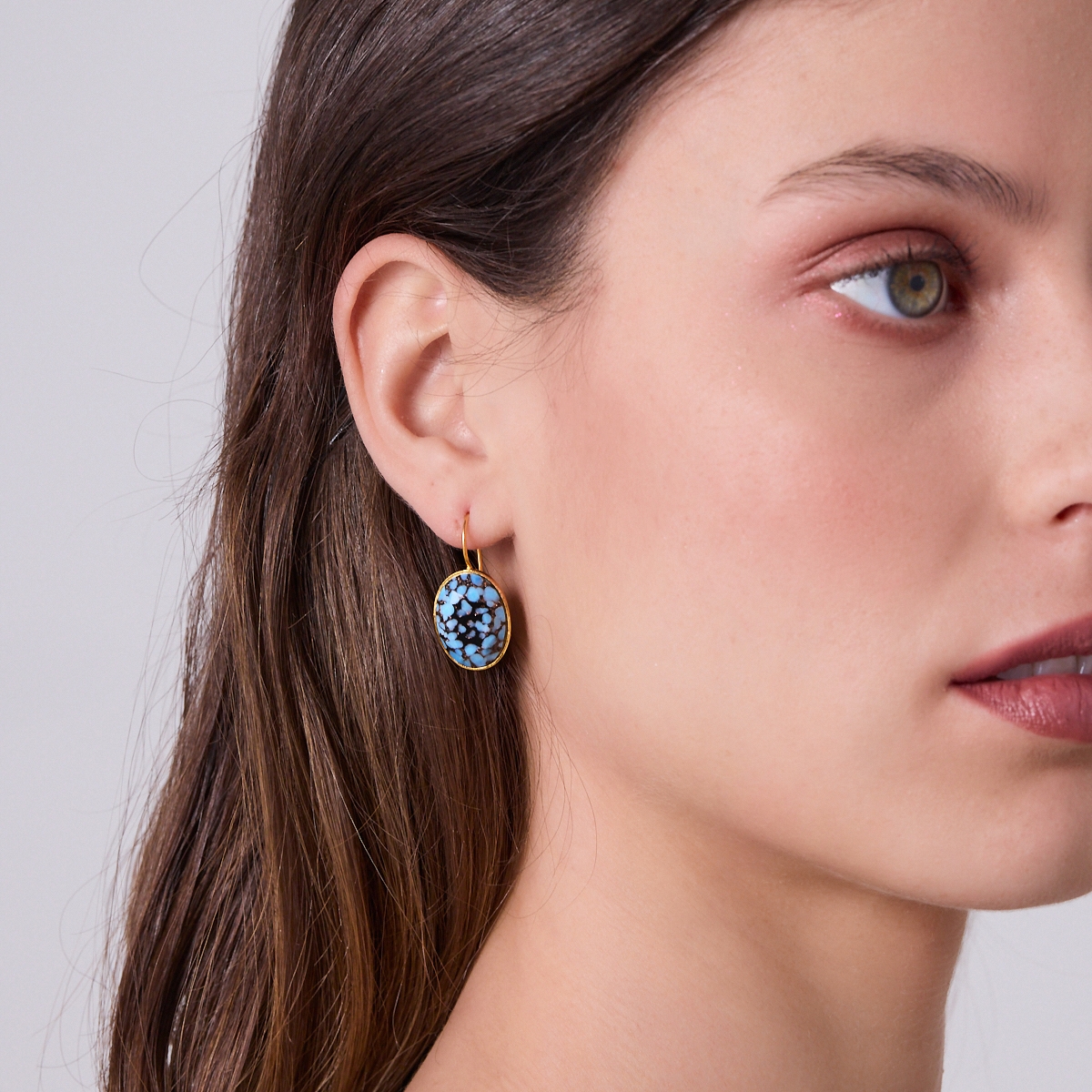 5694F Oval stones simple earrings Τυρκουάζ