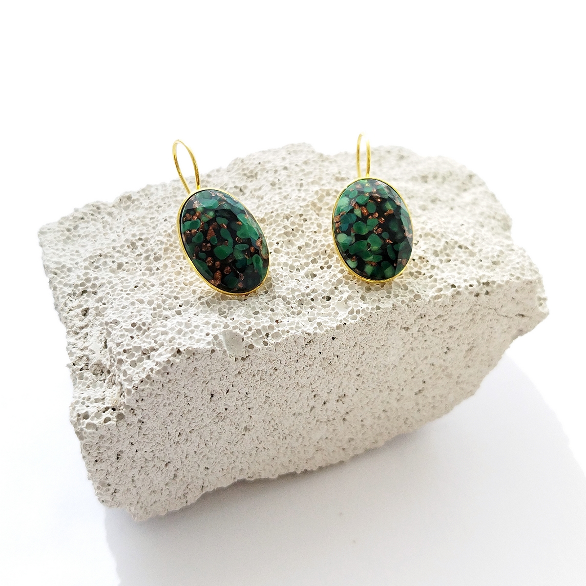 5694F Oval stones simple earrings Πράσινο