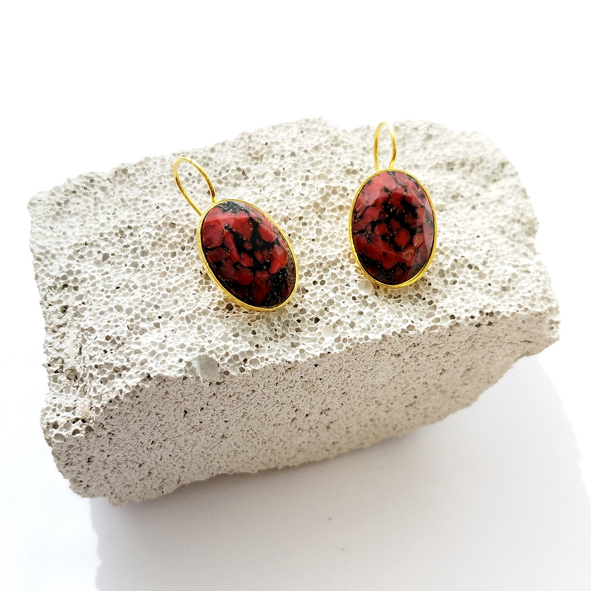 5694F Oval stones simple earrings Πορτοκαλί