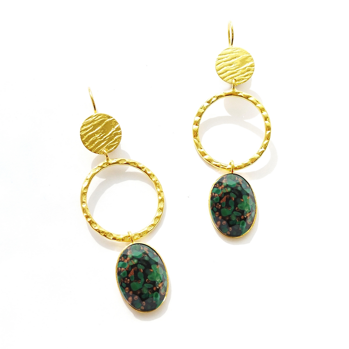 5695F Oval stone long earrings Πράσινο