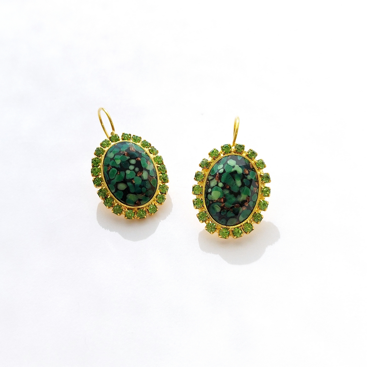 5696F Oval stone earrings Πράσινο