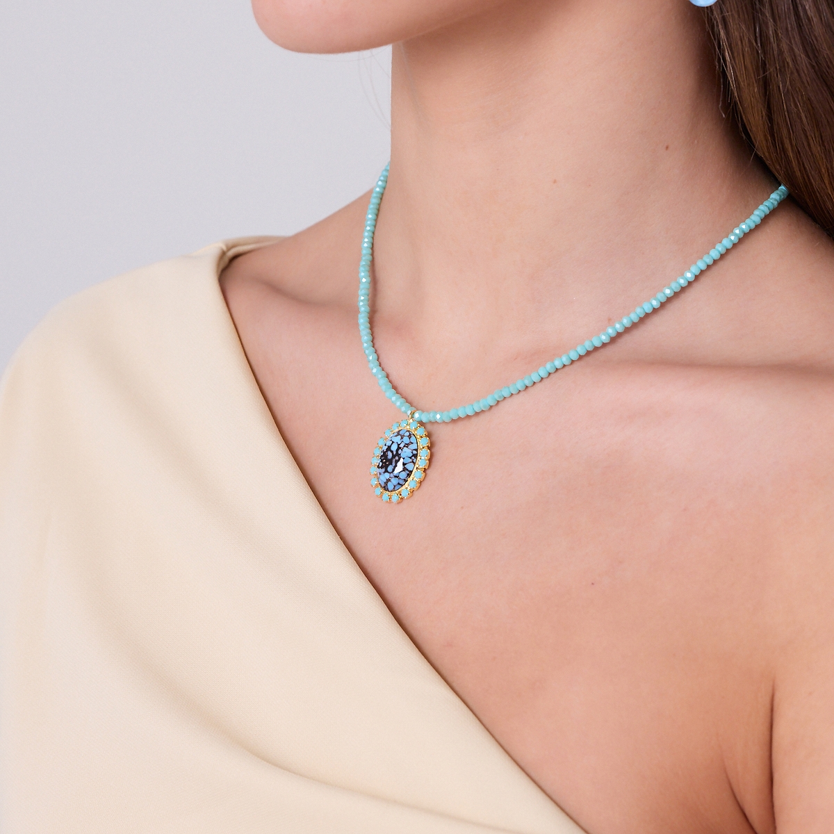 5697A Oval stone crystal necklace Τυρκουάζ