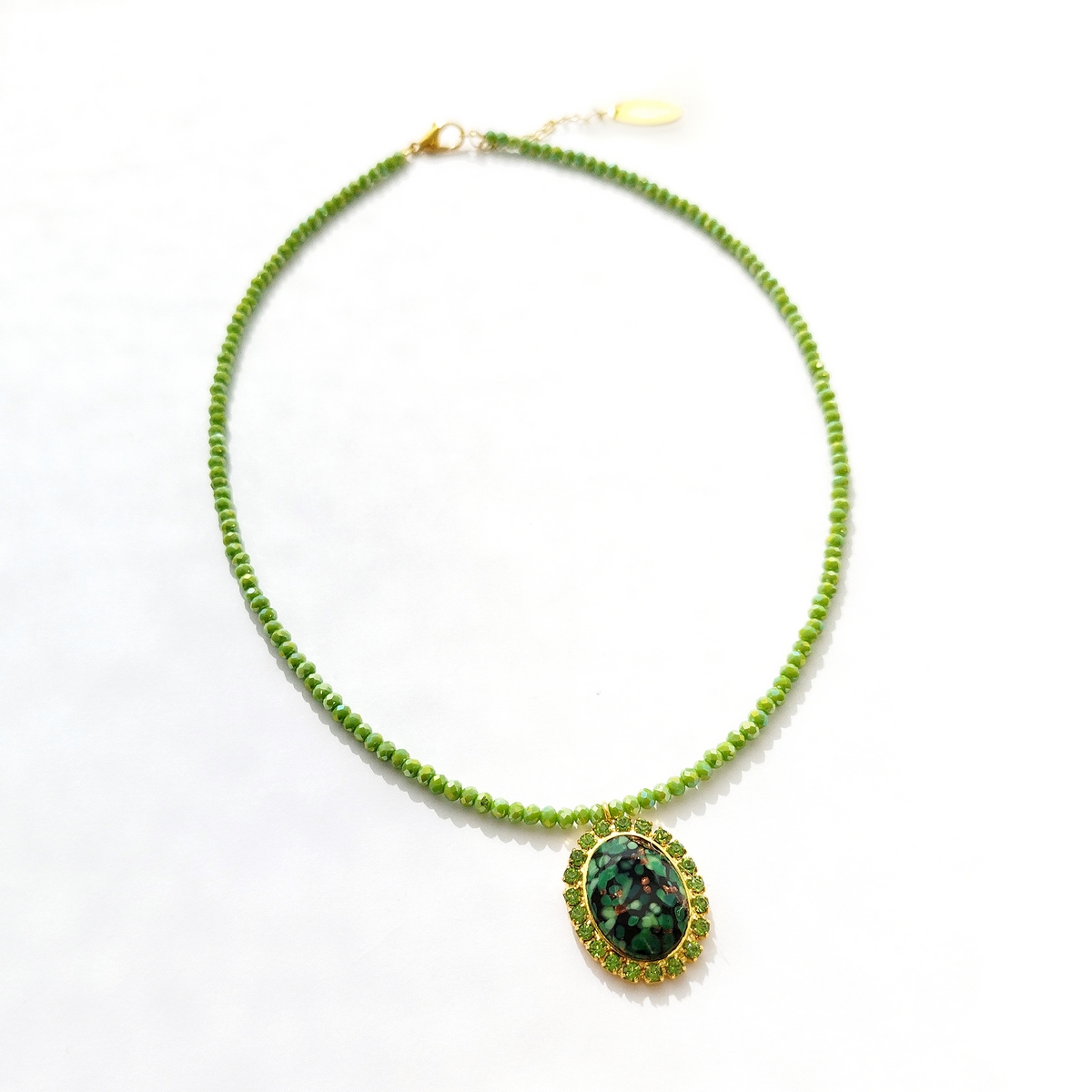 5697A Oval stone crystal necklace Πράσινο