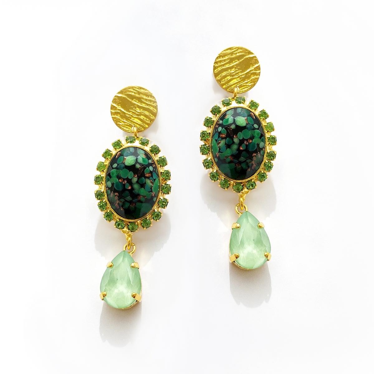 5697F Oval stone crystal earrings Πράσινο