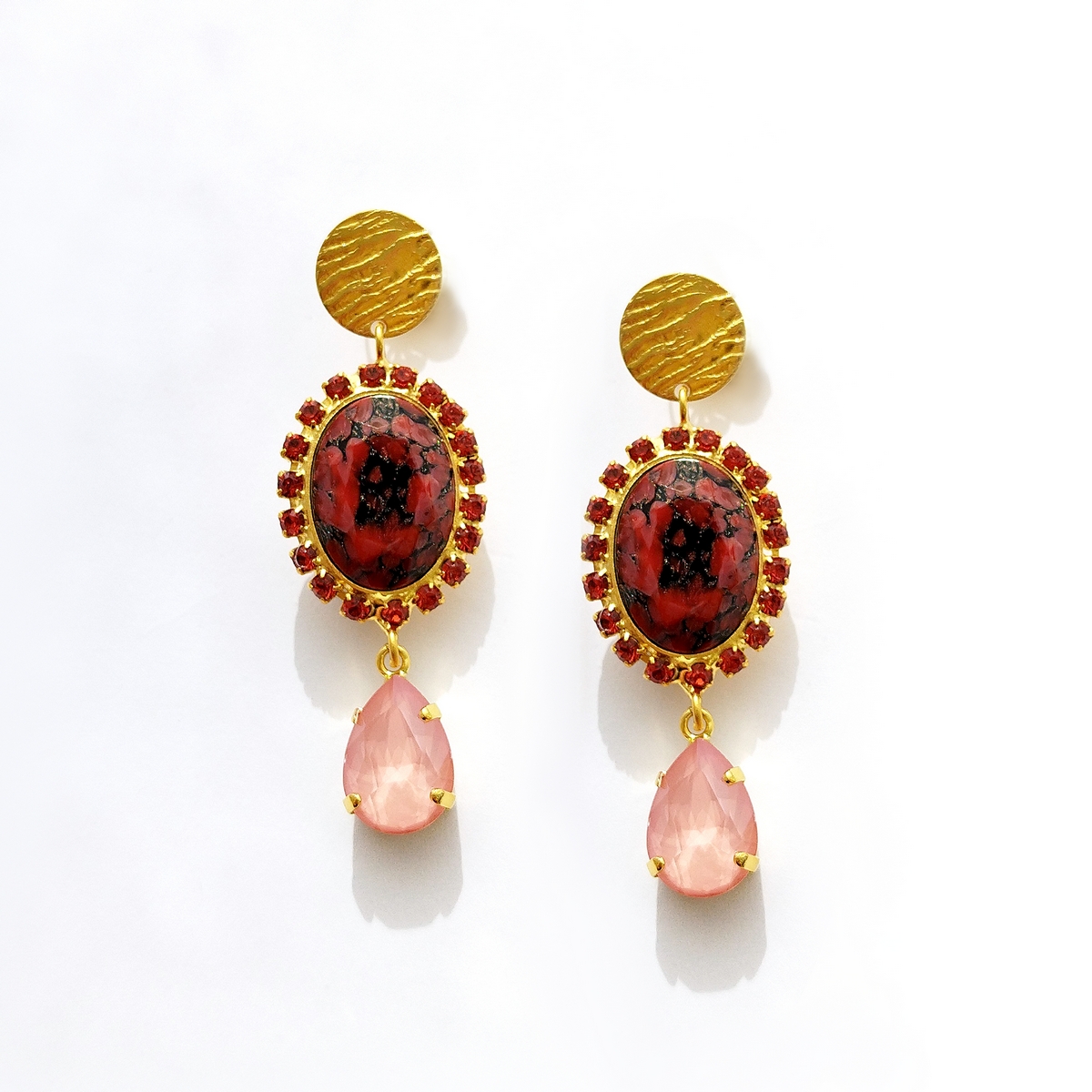 5697F Oval stone crystal earrings Πορτοκαλί